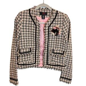 True Meaning Tweed Blazer in Pink Black and White with Pink Flower Accent Lined